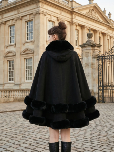 kobieta obrócona tyłem nosząca czarną dwuwarstwową pelerynę damską i czarne kozaki, pałac regencyjny w tle
