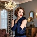 kobieta z krótkimi brązowymi włosami noszaca granatowe rękawiczki balowe oraz niebieską sukienkę