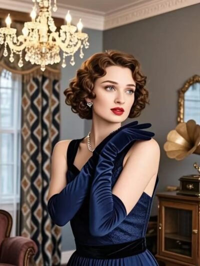 kobieta z krótkimi brązowymi włosami noszaca granatowe rękawiczki balowe oraz niebieską sukienkę