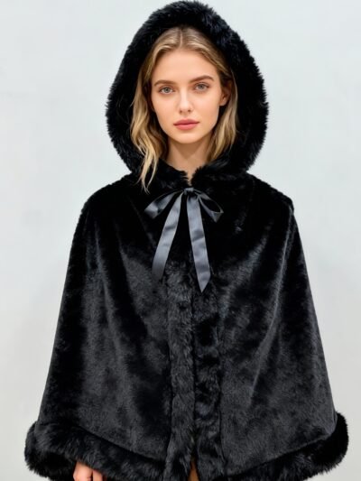 kobieta z blond słosami nosząca czarną krótką peleryną damską z kokardą