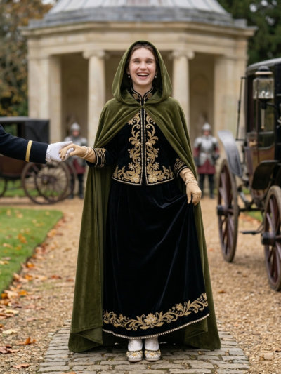 kobieta uśmiechająca się szeroko, ubrana w czarną suknię oraz zielony płaszcz pelerynę