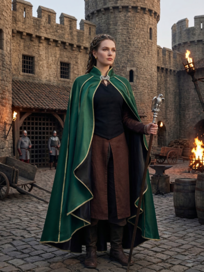 kobieta nosząca brązową spódnicę, czarny top oraz zieloną średniowieczną pelerynę na dworze w zamku