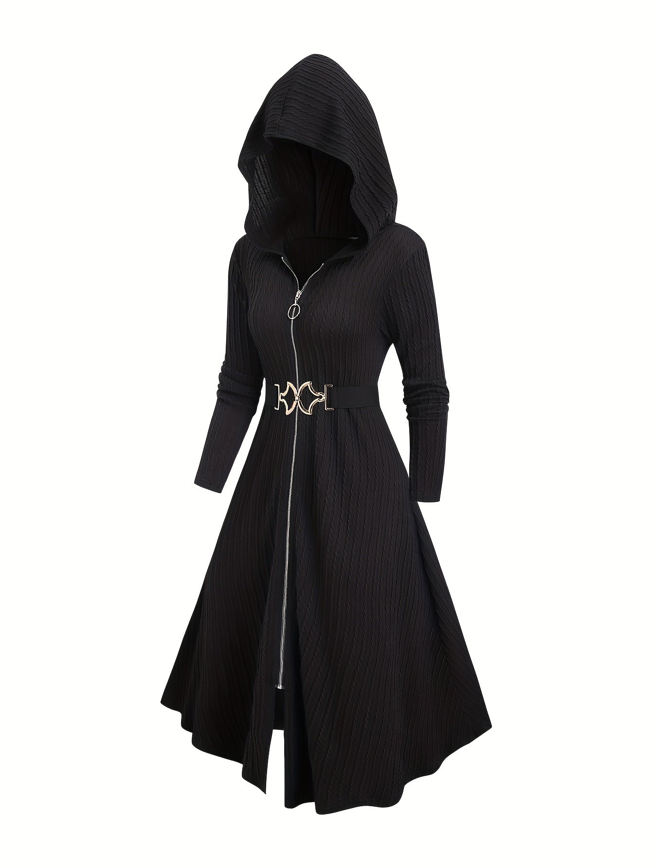 czarna zapinana peleryna damska obrócona bokiem na białym tle