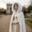 kobieta ubrana w regencyjną złotą suknię oraz białą zimową pelerynę damską, piaszczysta ścieżka oraz pałac w tle