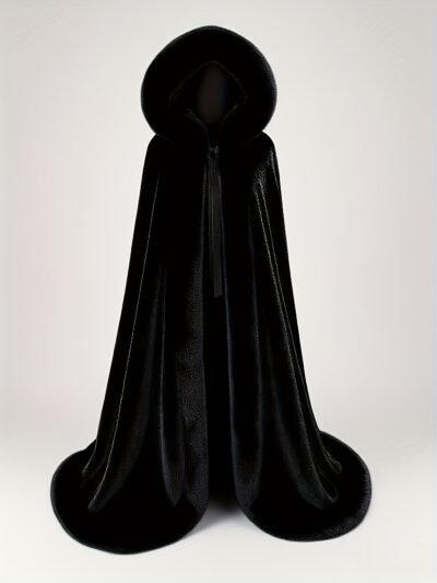 czarna zimowa peleryna damska z puchem na szarym tle