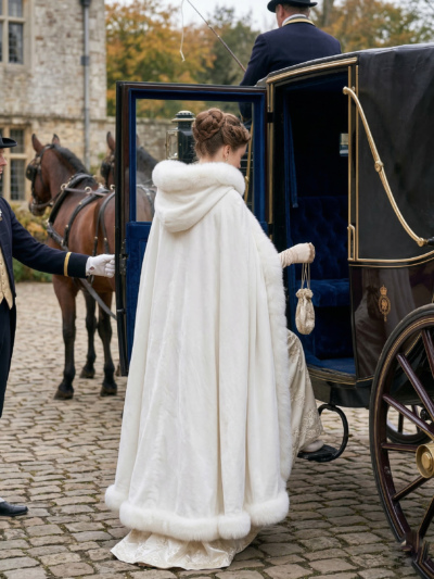 kobieta obrócona tyłem ubrana w białą zimową pelerynę damską wchodząca do czarnej karety