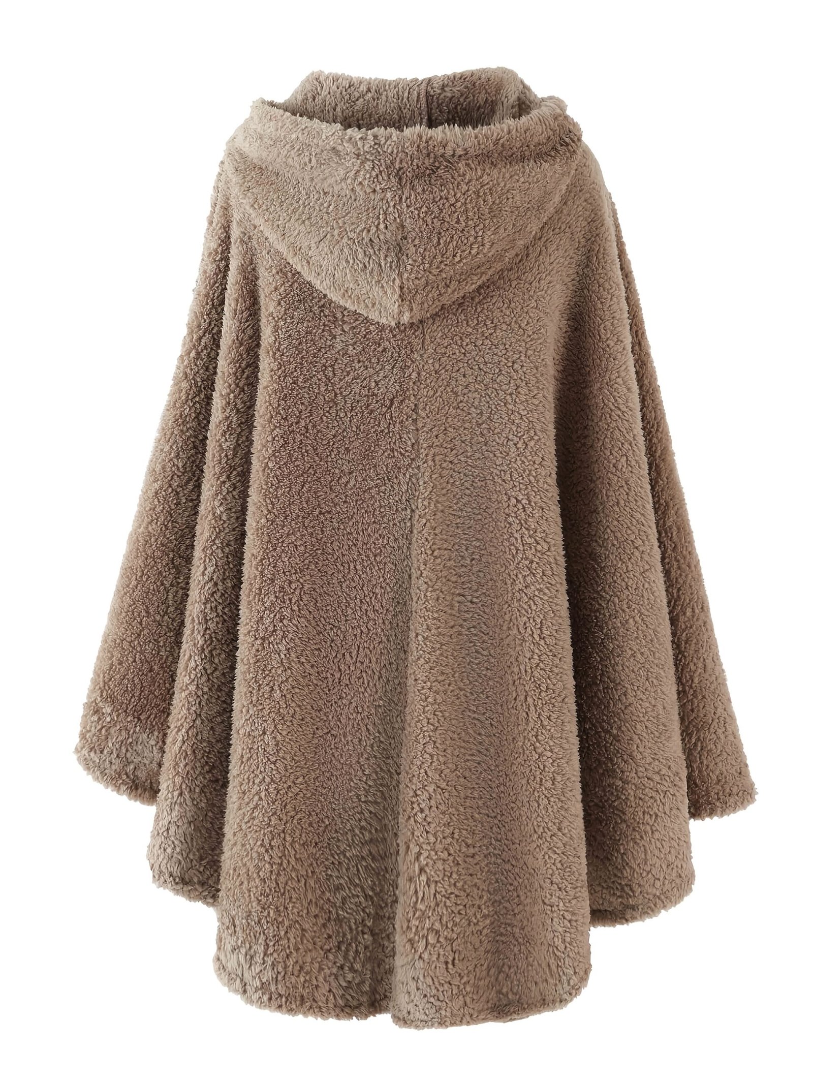 beżowa ciepła peleryna damska z czarnym zapięciem obrócona tyłem na białym tle