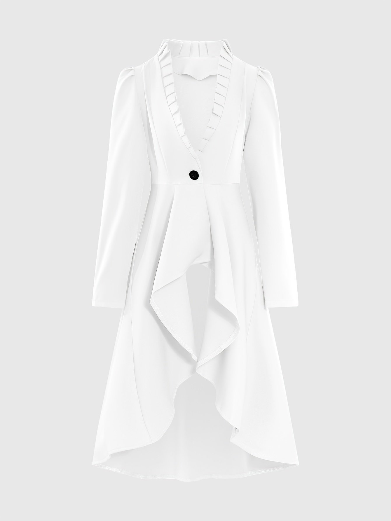 biała Damska kurtka peleryna z czarnym guzikiem na białym tle