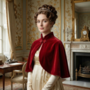 kobieta uśmiechająca się w regencyjnym salonie ubrana w beżową suknię i czerwoną aksamitną pelerynę damską