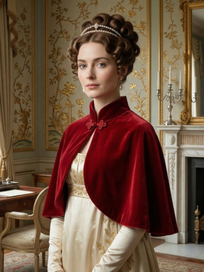 kobieta uśmiechająca się w regencyjnym salonie ubrana w beżową suknię i czerwoną aksamitną pelerynę damską