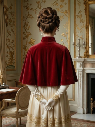 kobieta stojąca tyłem w regencyjnym salonie ubrana w beżową suknię i czerwoną aksamitną pelerynę damską