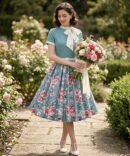 kobieta z krótkimi ciemnymi włosami ubrana w niebieską bawełnianą sukienkę vintage oraz białe buty retro, rzymająca bukiet róż