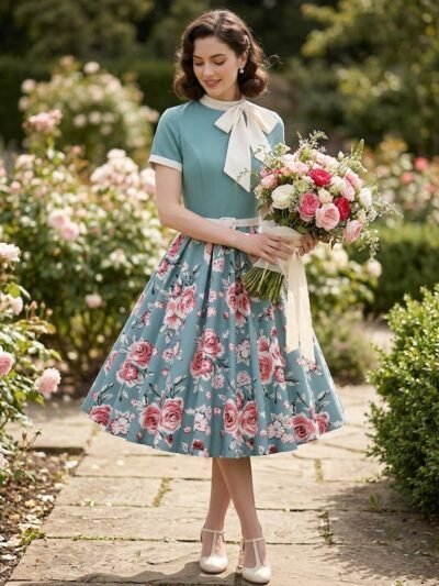 kobieta z krótkimi ciemnymi włosami ubrana w niebieską bawełnianą sukienkę vintage oraz białe buty retro, rzymająca bukiet róż