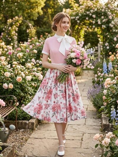 kobieta ubrana w różową bawełnianą sukienkę vintage oraz białe retro buty, ogród pełen kwiatów w tle