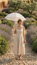 kobieta z brązowymi włosami upiętymi w koka idąca z uśmiechem kamienną ścieżką trzymając nad głową białą parasolkę koronkową