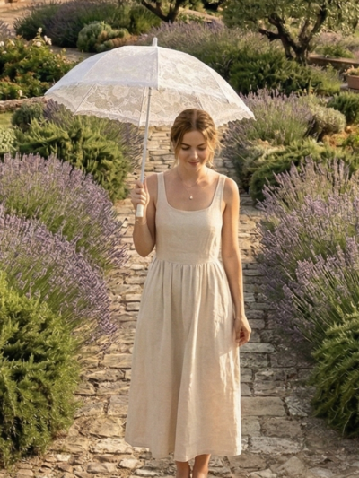 kobieta z brązowymi włosami upiętymi w koka idąca z uśmiechem kamienną ścieżką trzymając nad głową białą parasolkę koronkową