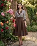 kobieta z uśmiechem nosząca brązową sukienkę vintage z paskiem w talii i kołnierzykiem, krzew w różami w tle