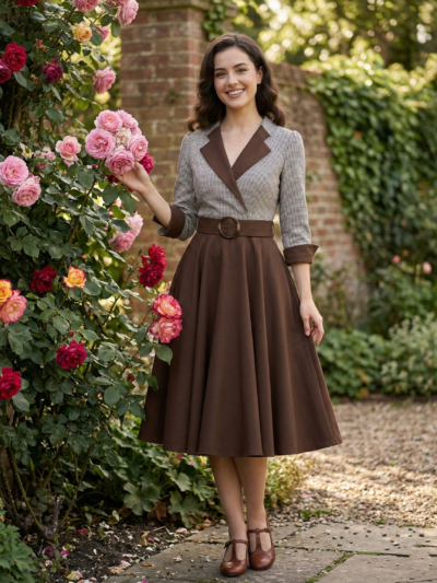 kobieta z uśmiechem nosząca brązową sukienkę vintage z paskiem w talii i kołnierzykiem, krzew w różami w tle