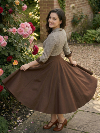 kobieta z ciemnymi brązowymi włosami nosząca brązową sukienkę vintage i obracająca się, trzymając jej materiał, w ogrodzie w różami