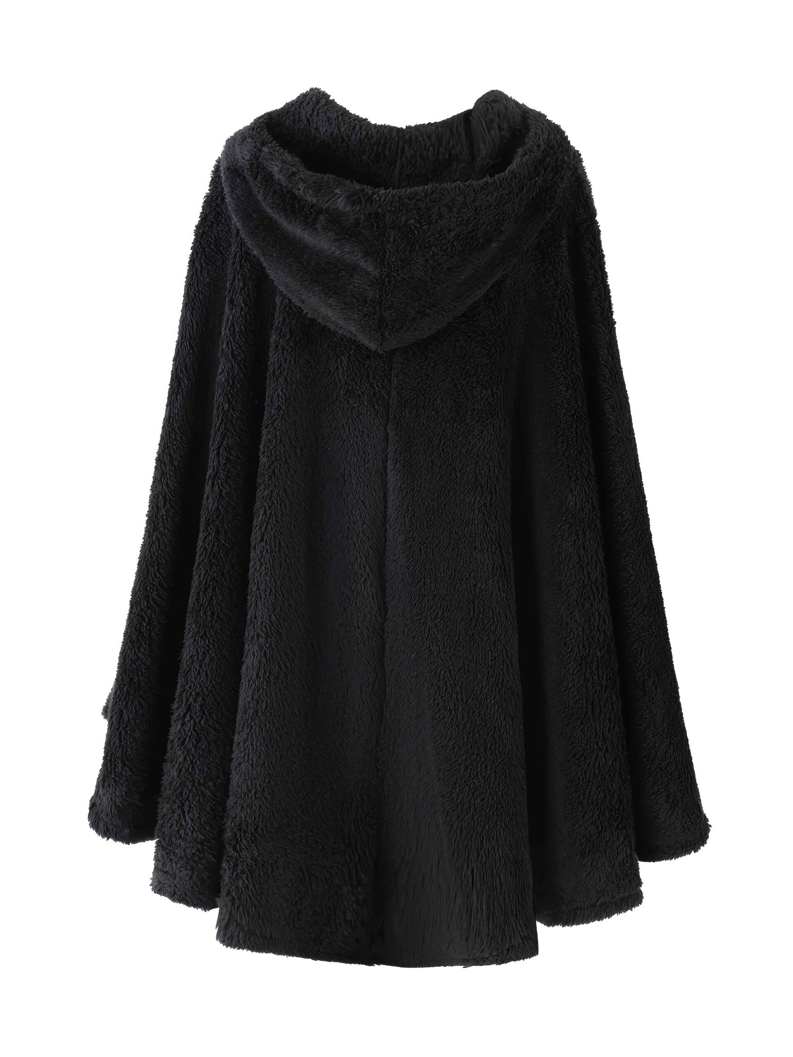 czarna ciepła peleryna damska obrócona tyłem na białym tle