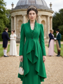 kobieta z ciemnymi włosami i diademem stojąca na ścieżce w parku ubrana w zieloną damską kurtkę pelerynę z czarnym guzikiem