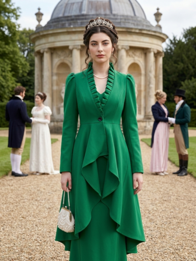 kobieta z ciemnymi włosami i diademem stojąca na ścieżce w parku ubrana w zieloną damską kurtkę pelerynę z czarnym guzikiem