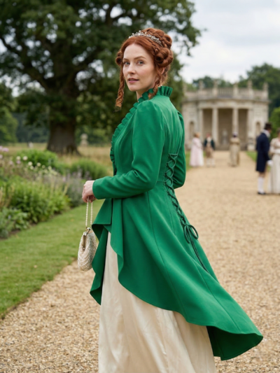 kobietz z rudymi włosami upiętymi w kok obracająca się, nosząc zieloną damską kurtkę pelerynę, ścieżka w parku w tle