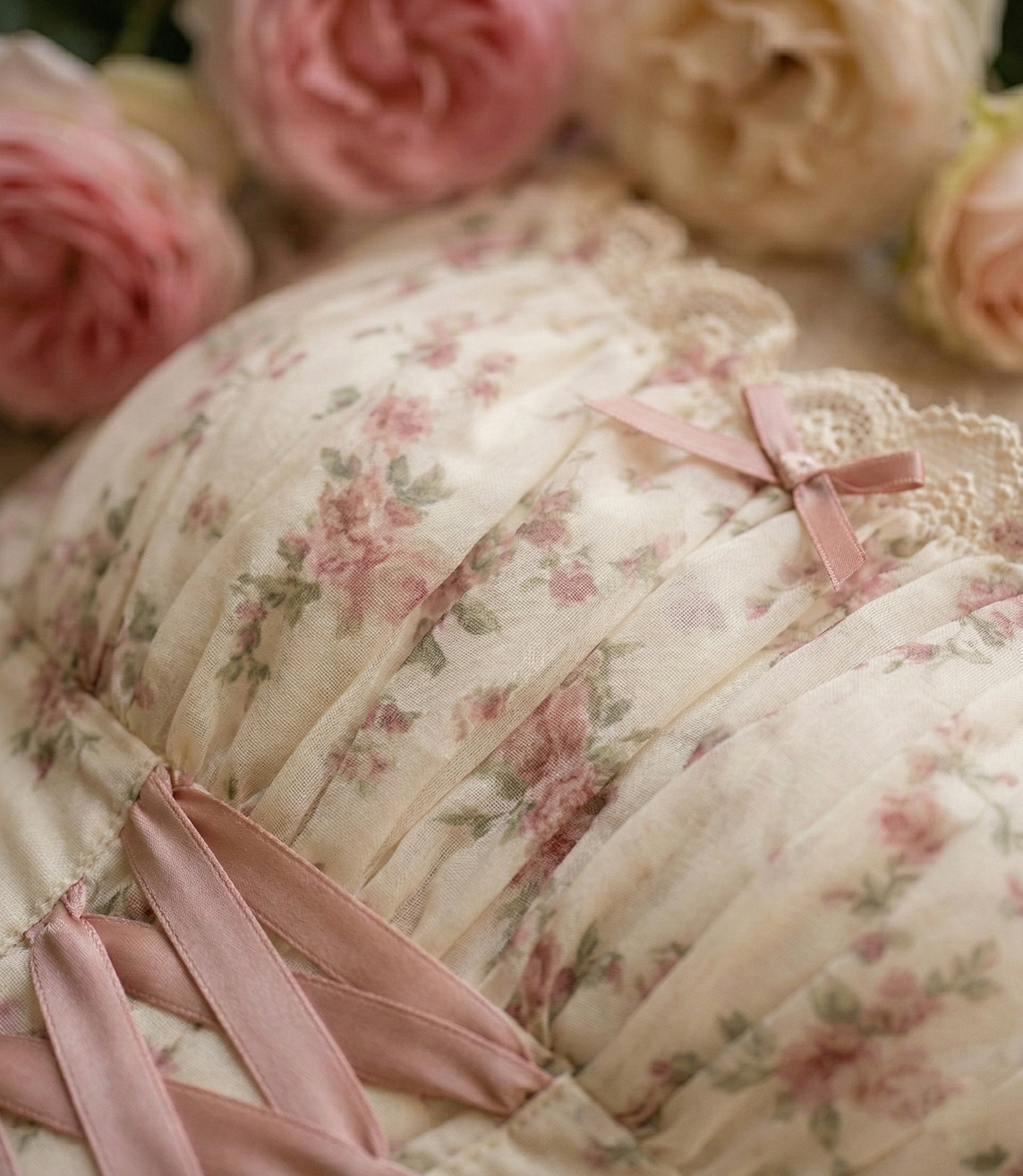 Zbliżenie na gorsetowy przód sukienki z różową tasiemką i koronkowym wykończeniem dekoltu