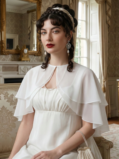 kobieta z czarnymi włosami z białą opaską siedząca na kanapie w salonie regencyjnym w białej sukni i białej eleganckiej pelerynie do sukienki