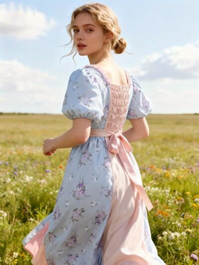 kobieta z blond włosami upiętymi w kok obrócona tyłem nosząca beżowo-niebieską kobiecą suknię balową na łące