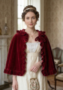 kobieta uśmiechająca się w regencyjnym salonie ubrana w regencyjną sukienkę oraz czerwoną pelerynę z falbanami, trzymająca beżową torebkę