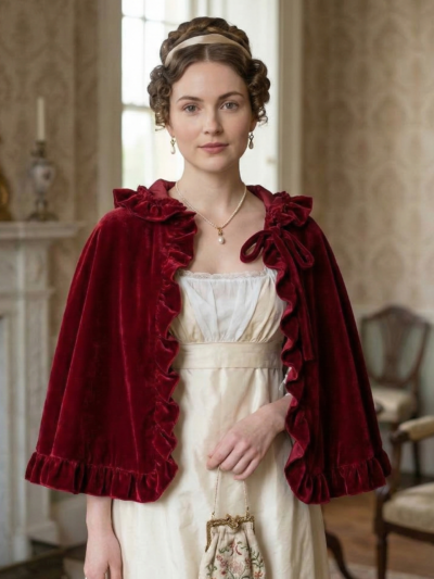kobieta uśmiechająca się w regencyjnym salonie ubrana w regencyjną sukienkę oraz czerwoną pelerynę z falbanami, trzymająca beżową torebkę