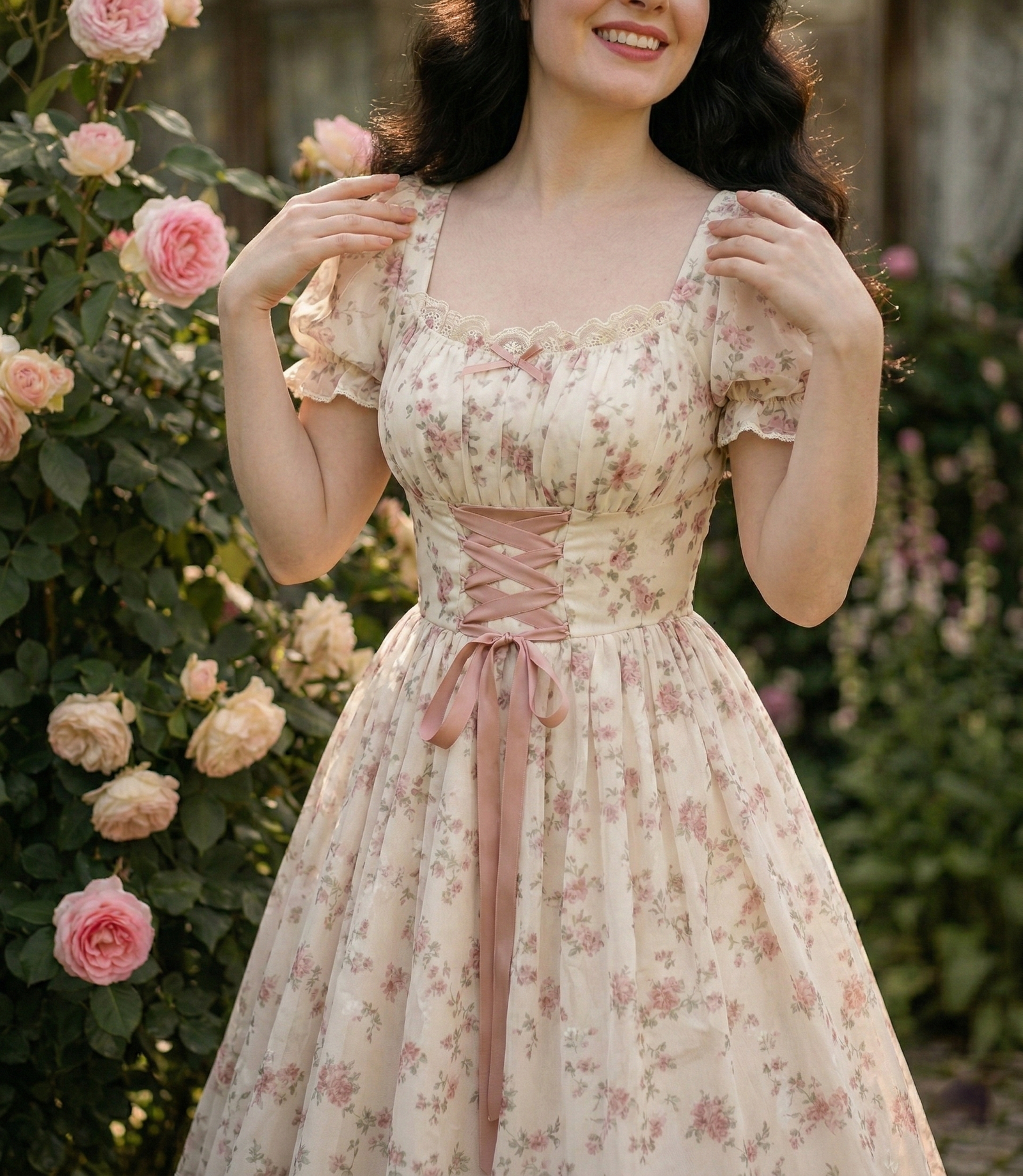 Sukienka retro w róże z bufiastymi rękawami