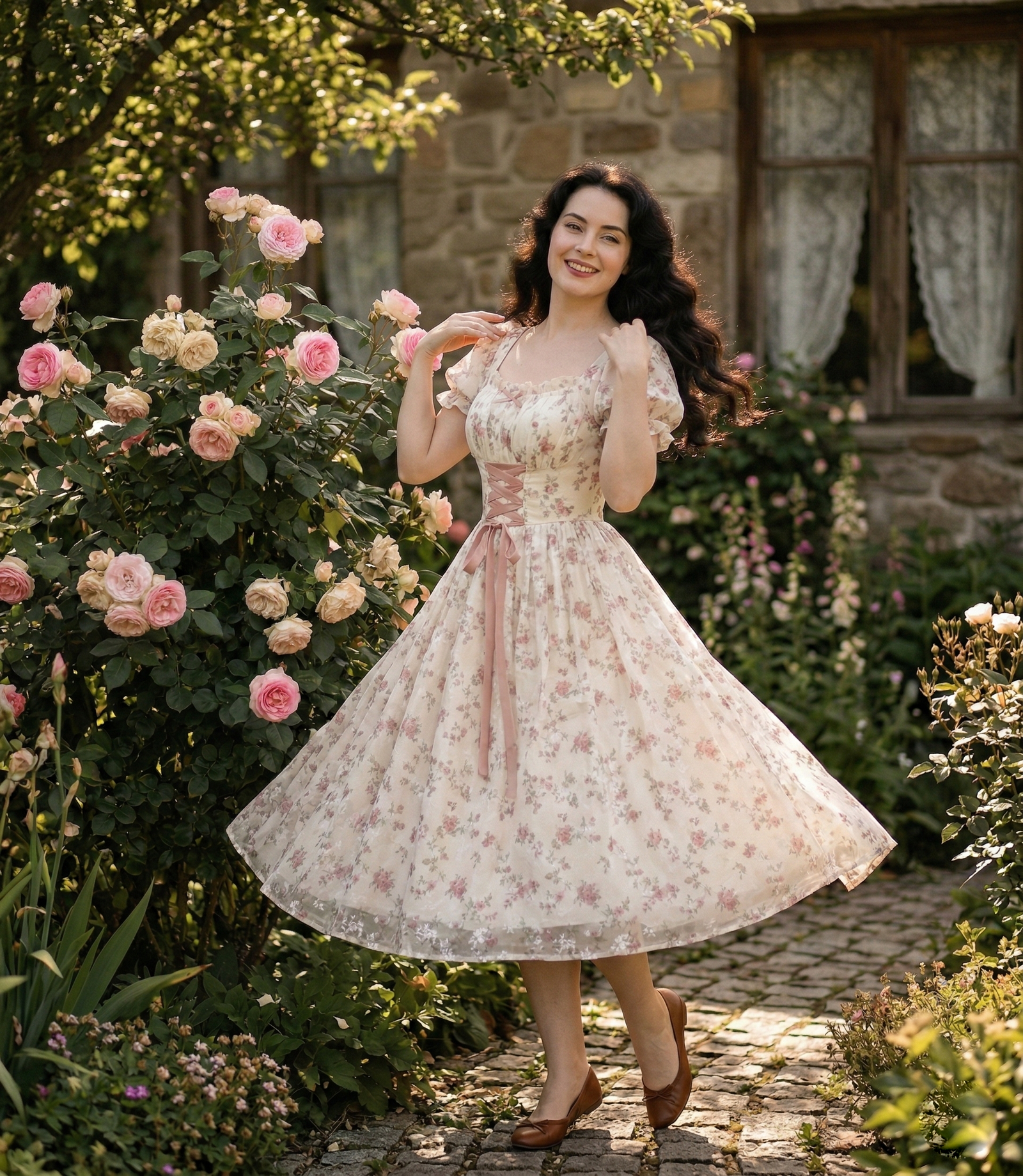 Kobieta w rozkloszowanej sukience w kwiaty, pozująca w sielskim ogrodzie przy kamiennym murze