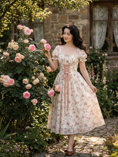 Kobieta w kremowej sukience midi w różowe kwiaty, stojąca w ogrodzie pełnym róż