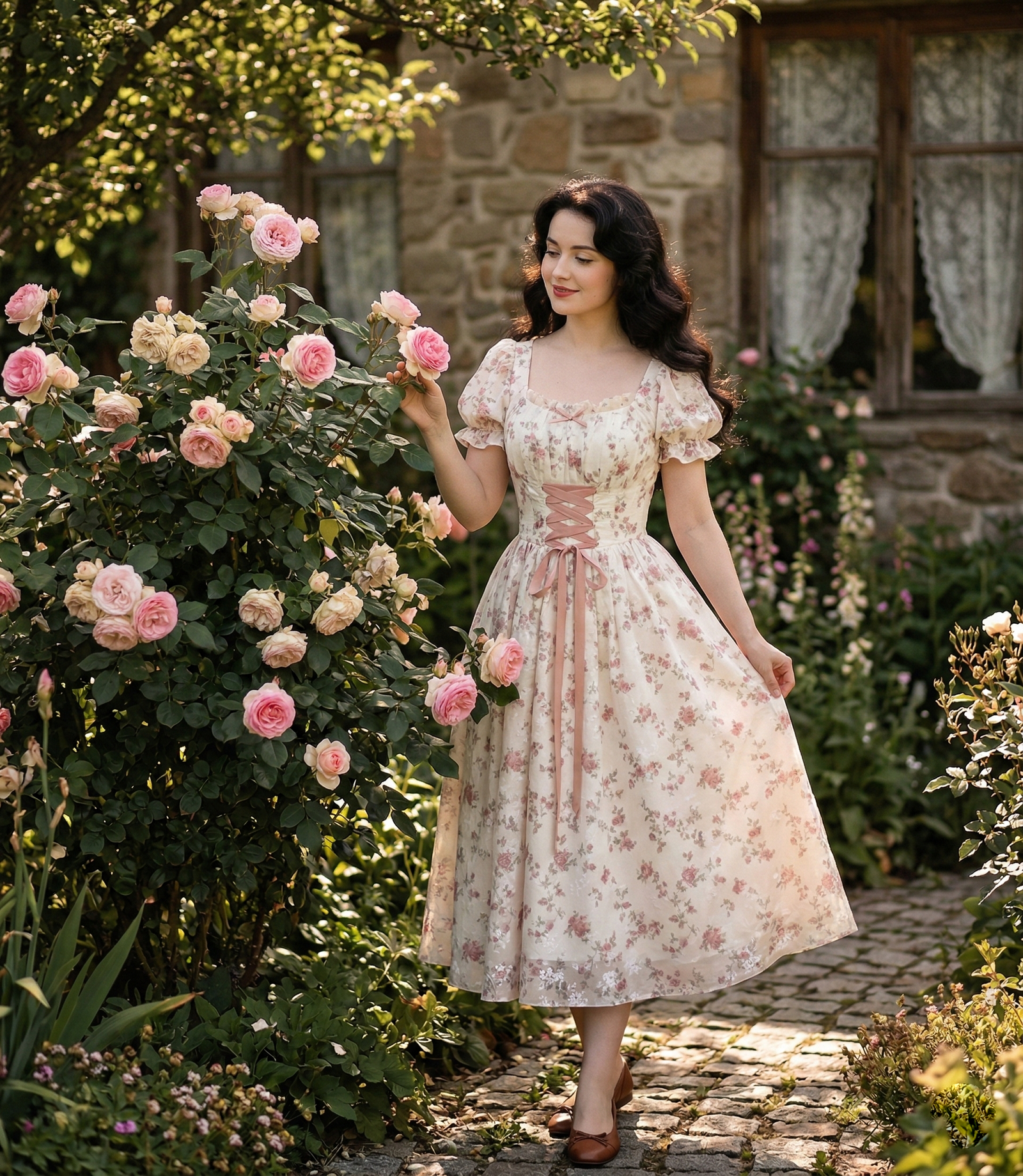 Kobieta w kremowej sukience midi w różowe kwiaty, stojąca w ogrodzie pełnym róż
