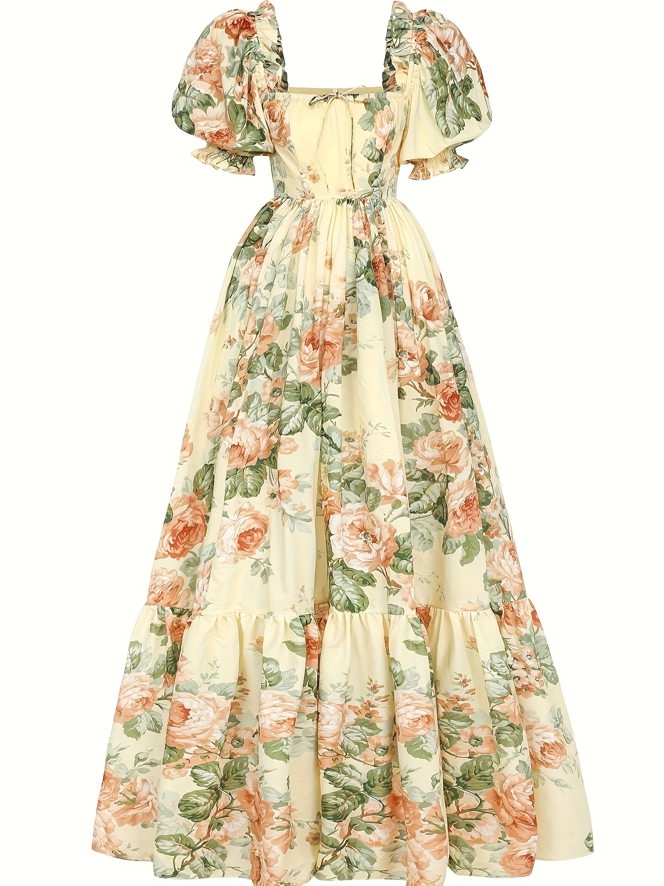 żółta suknia balowa midi z kwiatowym wzorem na białym tle