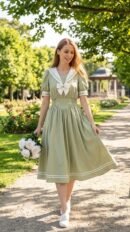 kobieta z blond włosami nosząca zieloną uroczą sukienkę vintage oraz trzymająca bukiet białych róż, idąca ścieżką w parku, drzewa i krzewy w tle