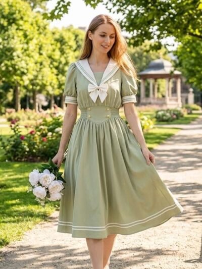 kobieta z blond włosami nosząca zieloną uroczą sukienkę vintage oraz trzymająca bukiet białych róż, idąca ścieżką w parku, drzewa i krzewy w tle