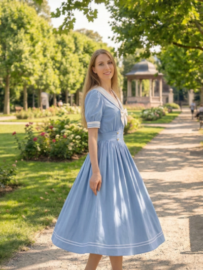 kobieta idąca na spacer po parku ubrana w niebieską uroczą sukienkę vintage