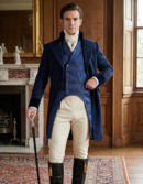 mężczyzna z brązowymi włosami noszący grantową kamizelkę męską oraz beżowe spodnie i brązowe kozaki, stoi w regencyjnym salonie i podpiera się szykowną drewnianą laską