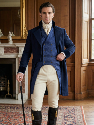 mężczyzna z brązowymi włosami noszący grantową kamizelkę męską oraz beżowe spodnie i brązowe kozaki, stoi w regencyjnym salonie i podpiera się szykowną drewnianą laską