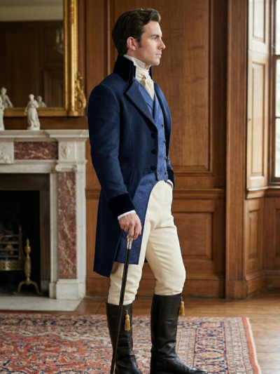 mężczyzna z brązowymi włosami obrócony bokiem noszący grantową kamizelkę męską oraz beżowe spodnie i brązowe kozaki, stoi w regencyjnym salonie i podpiera się szykowną drewnianą laską