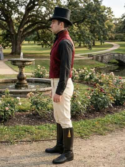 mężczyzna obrócoy bokiem stojący na ścieżce w parku noszący melonik, wiktoriańską kamizelkę męską, bęzowe spodnie oraz czarne kozaki