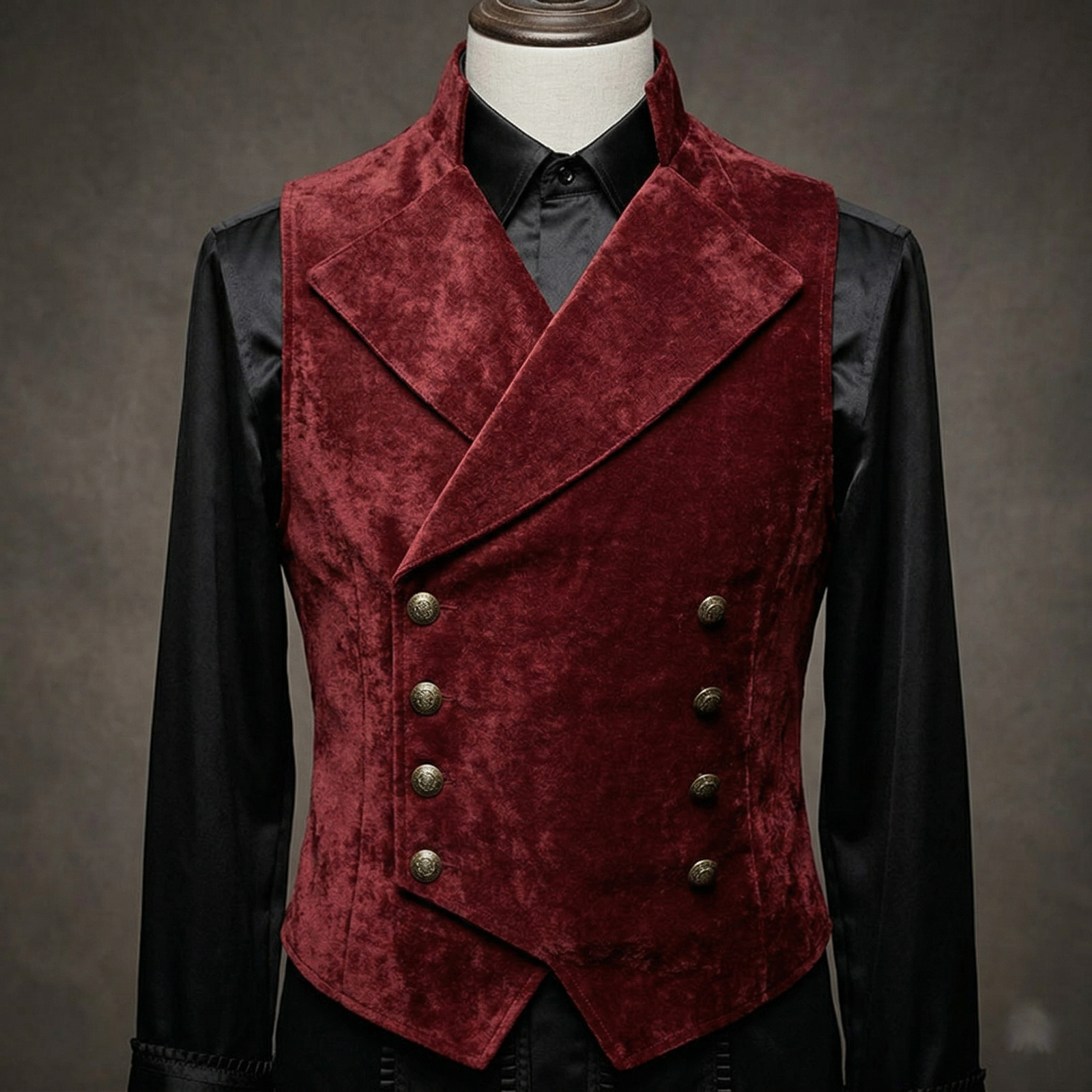 czerwona wiktoriańska kamizelka męska na czarnej koszuli na manekinie na szarym tle